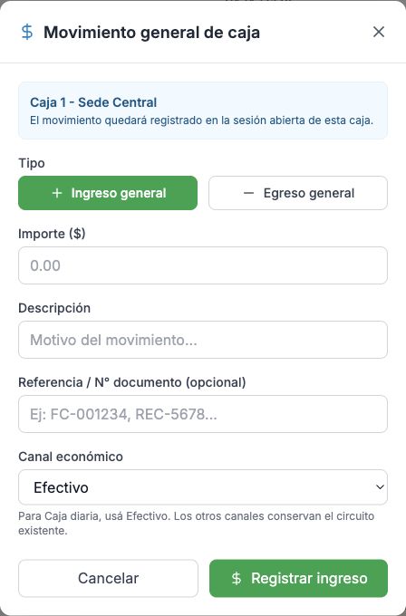 Movimiento general de caja en escritorio