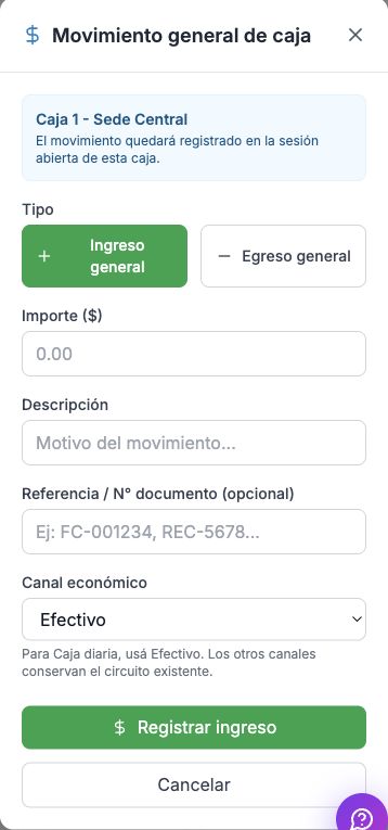 Movimiento general de caja en móvil