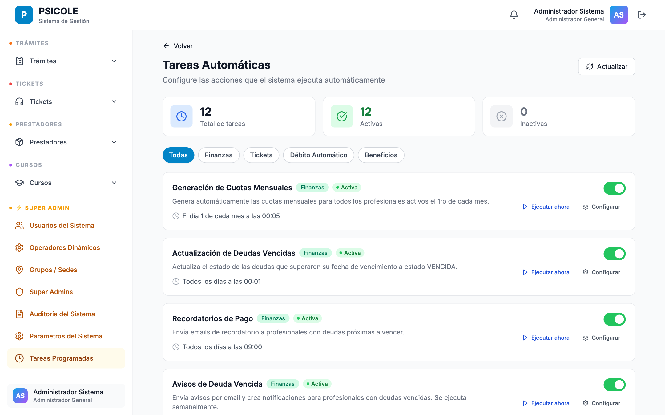 Panel de tareas programadas con estado activo/inactivo de cada job