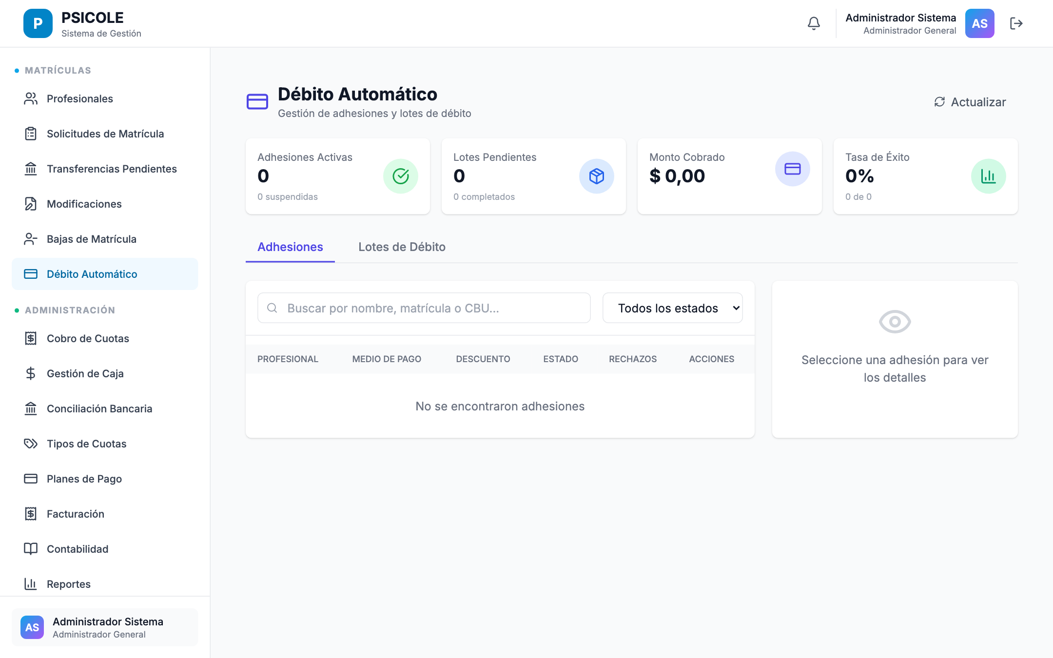 Panel de configuración de descuento por débito directo