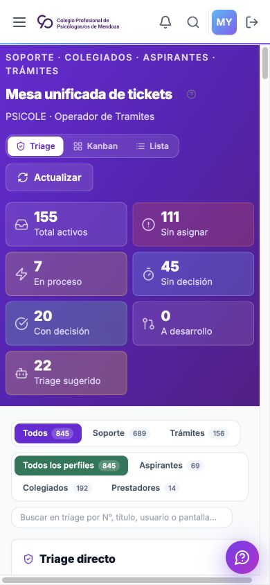 Mesa unificada de tickets en móvil, sin datos personales