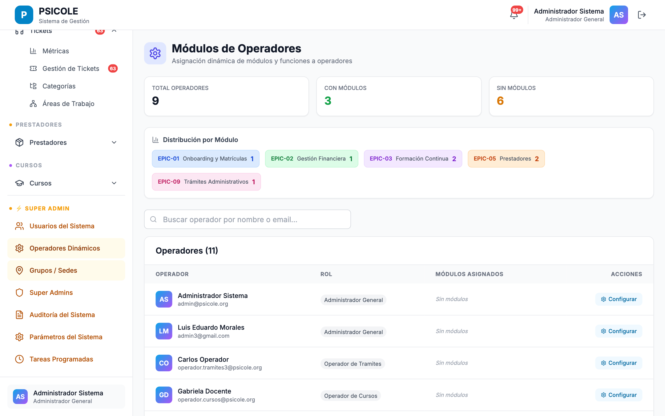 Modal de asignación con selector de operadores staff